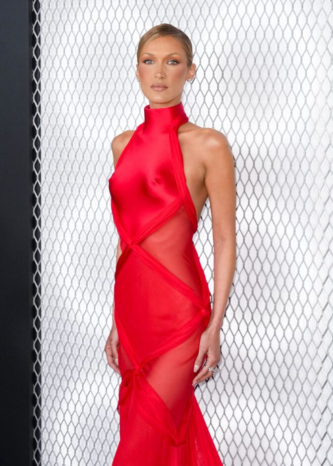 Bella Hadid Braless Nipples Red See Through Dress