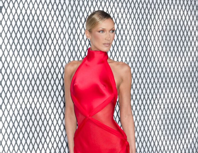 Bella Hadid Braless Nipples Red See Through Dress