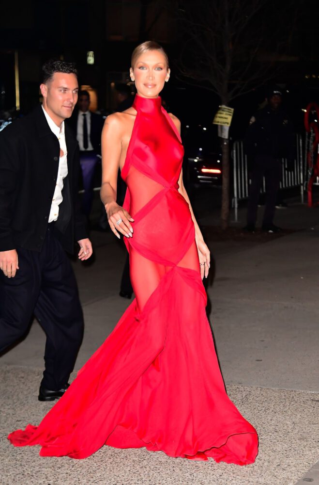 Bella Hadid Braless Nipples Red See Through Dress