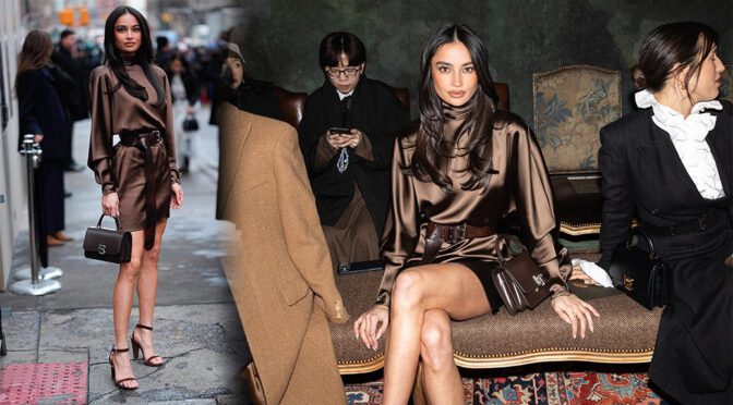 Kelsey Merritt Heats Up NYFW in Sultry Brown Satin Mini – Legs for Days, Baby!