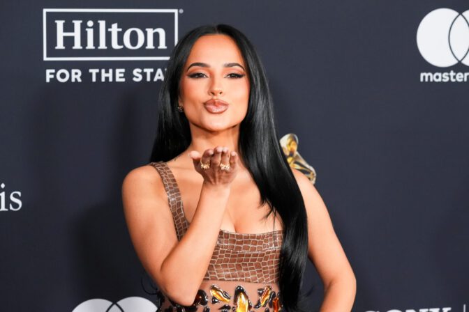 Becky G Sexy Sheer Liquid Silver Gown Pre Grammy