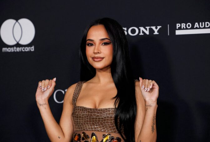 Becky G Sexy Sheer Liquid Silver Gown Pre Grammy