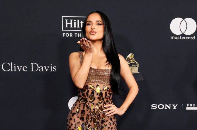 Becky G Sexy Sheer Liquid Silver Gown Pre Grammy