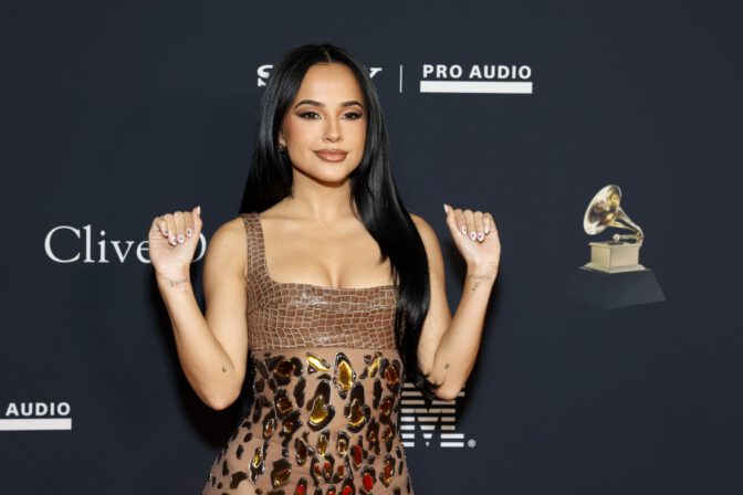 Becky G Sexy Sheer Liquid Silver Gown Pre Grammy