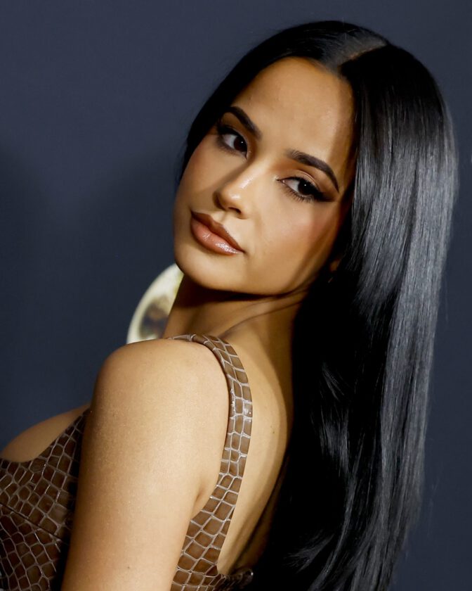 Becky G Sexy Sheer Liquid Silver Gown Pre Grammy