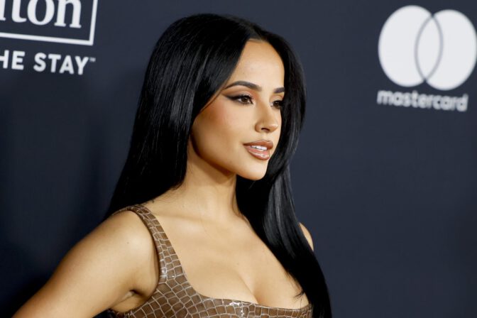 Becky G Sexy Sheer Liquid Silver Gown Pre Grammy