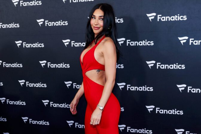 Chantel Jeffries Plunging Red Jumpsuit Cleavage Fanatics