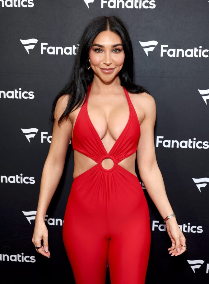 Chantel Jeffries Plunging Red Jumpsuit Cleavage Fanatics