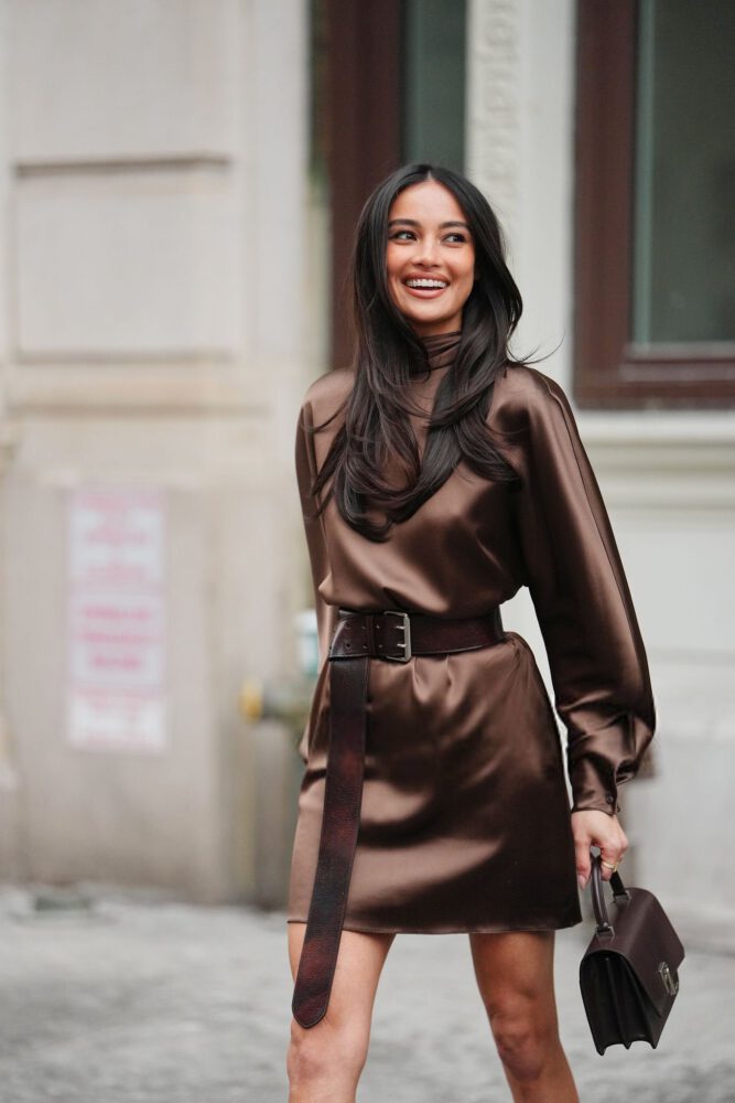 Kelsey Merritt Long Legs Short Satin Dress Heels Nyfw