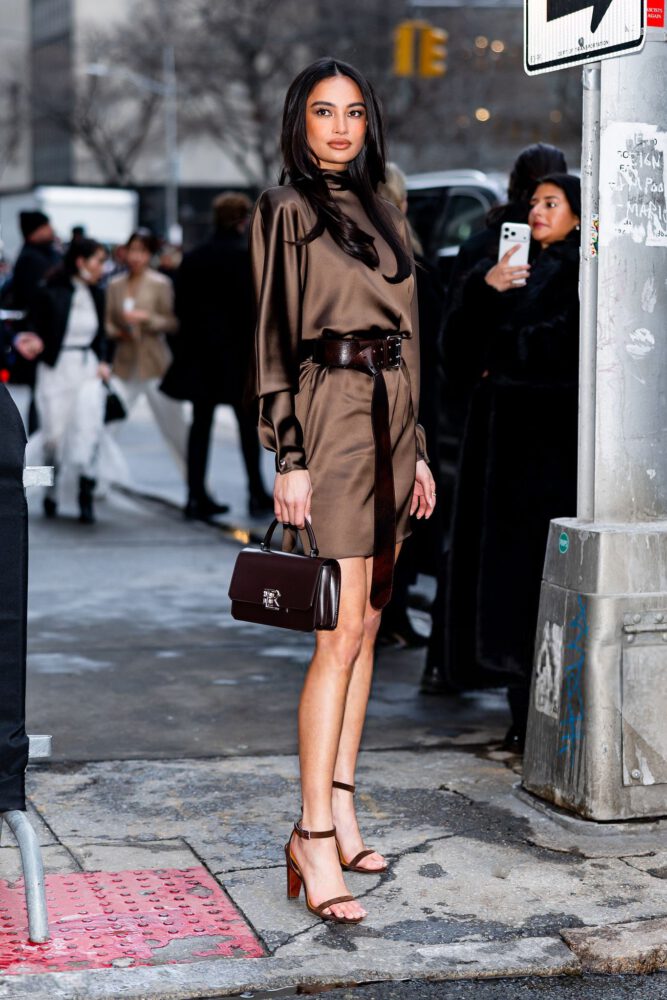 Kelsey Merritt Long Legs Short Satin Dress Heels Nyfw