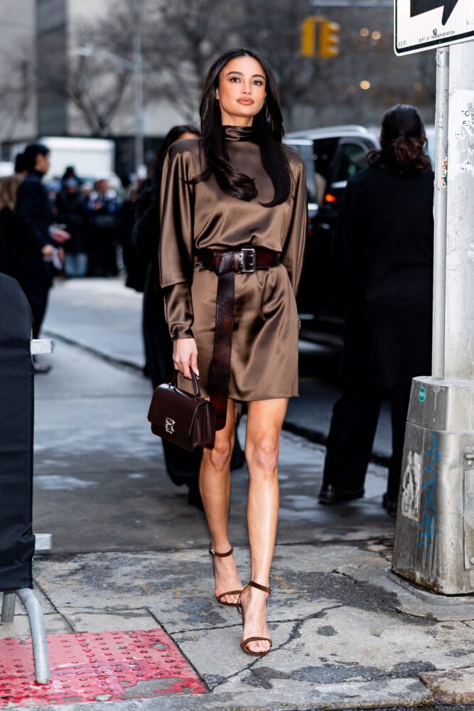 Kelsey Merritt Long Legs Short Satin Dress Heels Nyfw