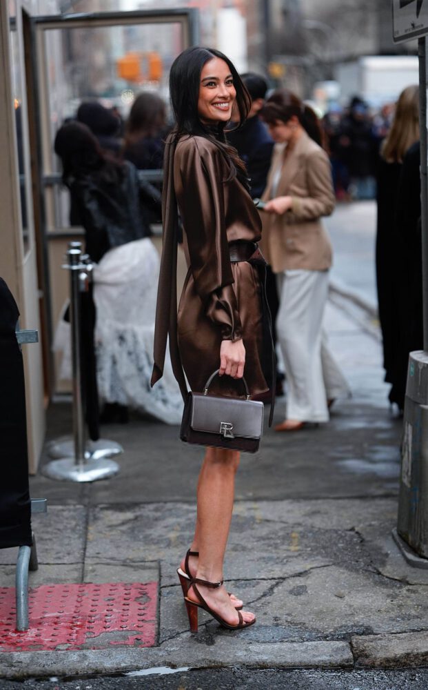 Kelsey Merritt Long Legs Short Satin Dress Heels Nyfw
