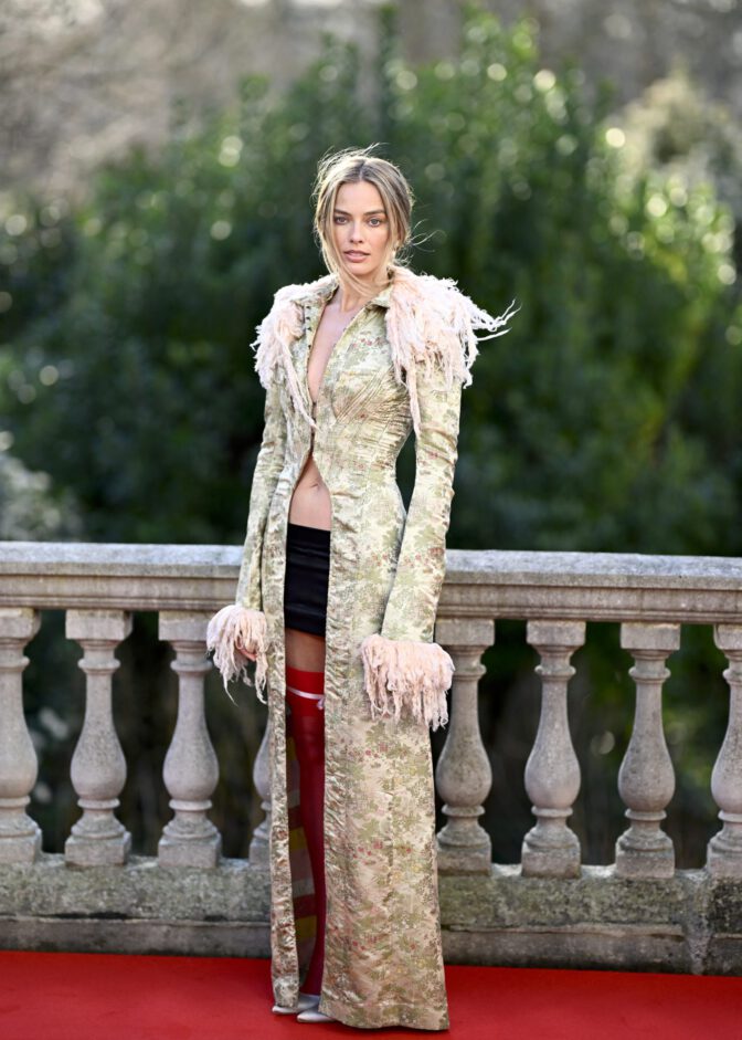 Margot Robbie Wuthering Heights Photocall Red Garters Cleavage