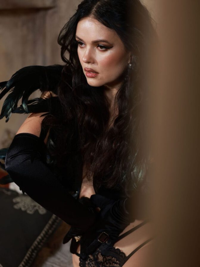 Natasha Blasick Black Feather Lingerie Cleavage Curves