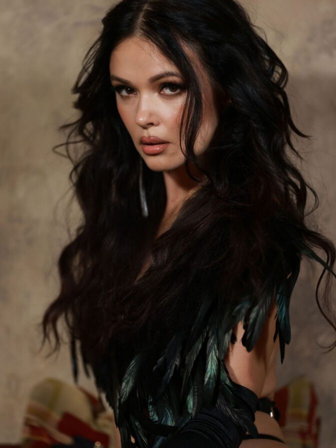 Natasha Blasick Black Feather Lingerie Cleavage Curves