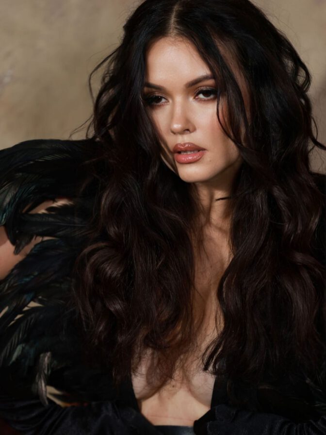 Natasha Blasick Black Feather Lingerie Cleavage Curves