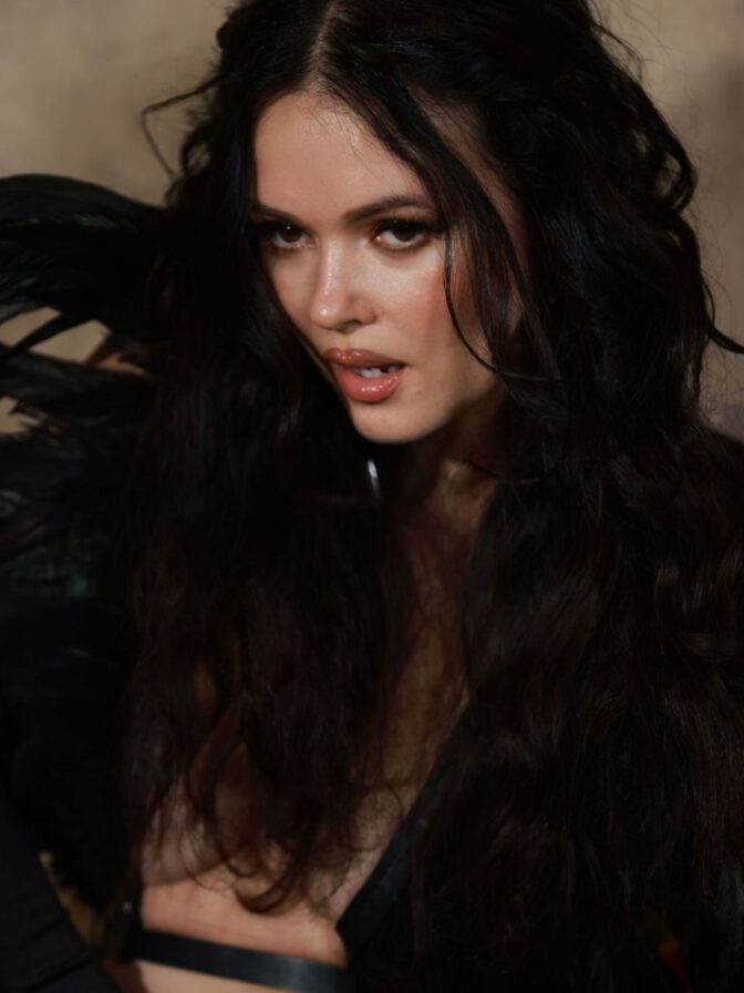 Natasha Blasick Black Feather Lingerie Cleavage Curves