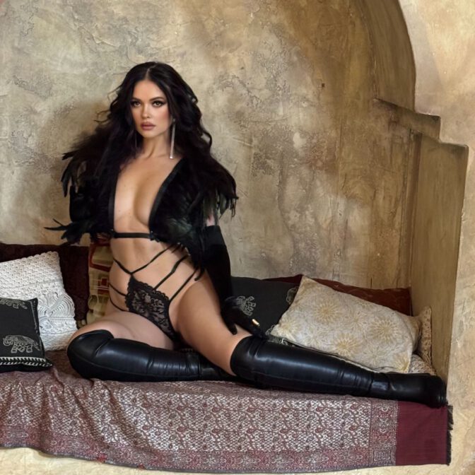 Natasha Blasick Black Feather Lingerie Cleavage Curves