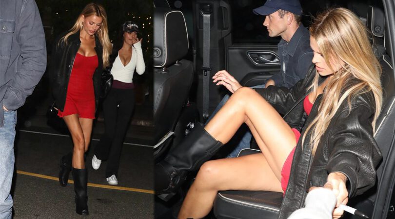 Cleavage Alert: Brooks Nader Serves Killer Curves in Tiny Red Dress Outside Giorgio Baldi