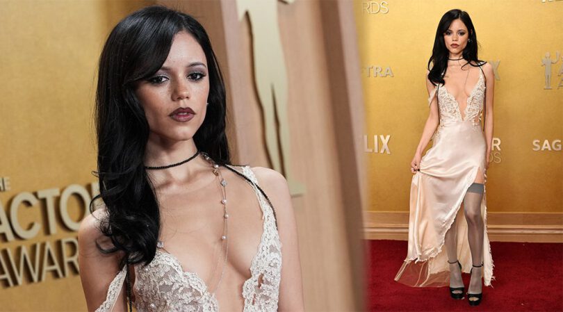 Jenna Ortega’s Deep Plunge and Thigh-High Tease in That Shredded Satin Slip at the 2026 Actor Awards