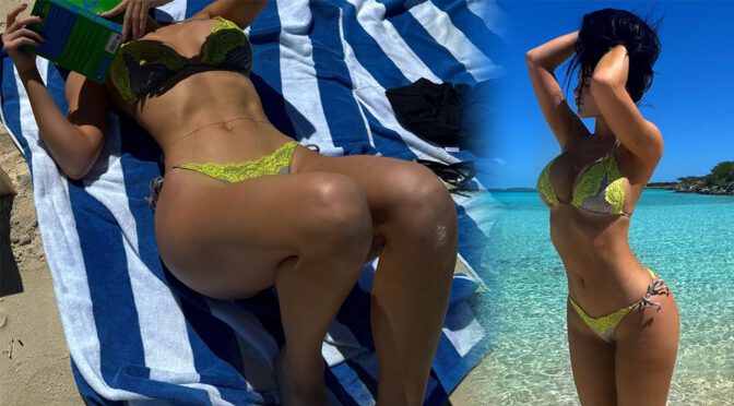 Kylie Jenner’s Massive Cleavage Spills Out Of Neon Lace Bikini In Tropical Paradise