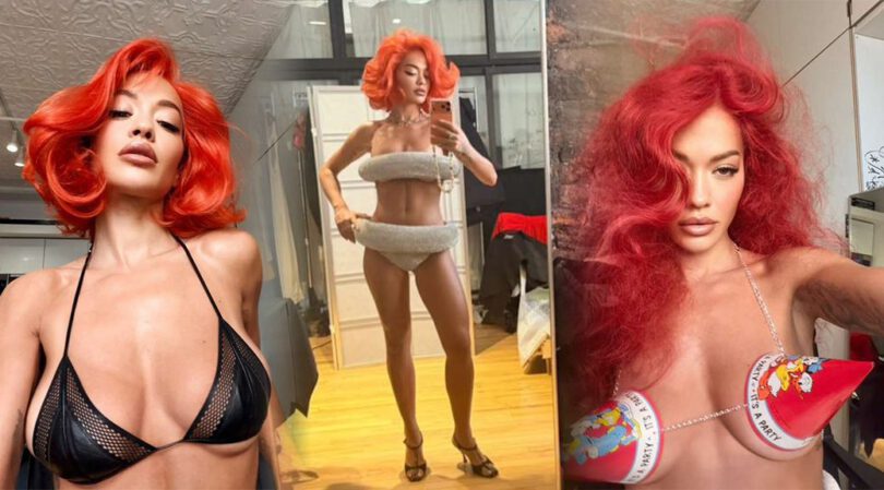 Rita Ora Naked Curves & Red Hair Tease in Provocative Party-Hat Lingerie Shoot