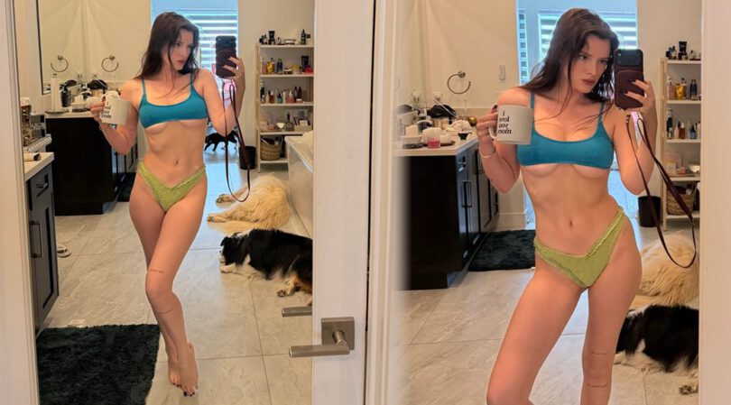 Bella Thorne Sets the Bedroom on Fire in Teal Bra and Tiny Green Thong Selfie