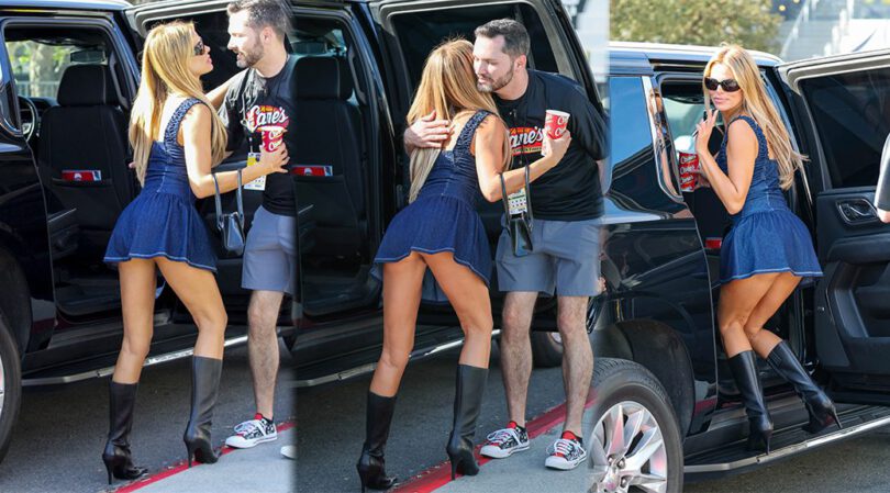 Brooks Nader Pantyless Upskirt in Tight Denim Dress at Fanatics Flag Football Classic (NSFW)