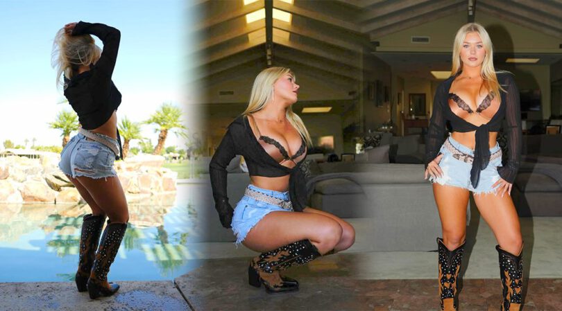 Katie Sigmond Squats Down Flashing Massive Cleavage and Thick Thighs