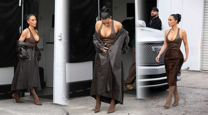 Kim Kardashian’s Massive Cleavage Spills Out In Skintight Brown Leather During Steamy LA Photoshoot