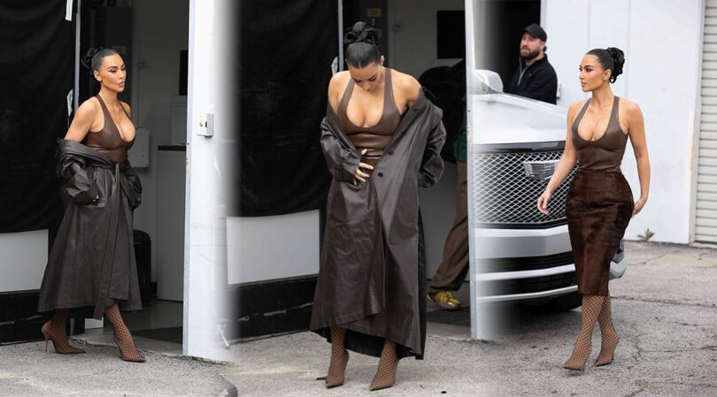 Kim Kardashian’s Massive Cleavage Spills Out In Skintight Brown Leather During Steamy LA Photoshoot