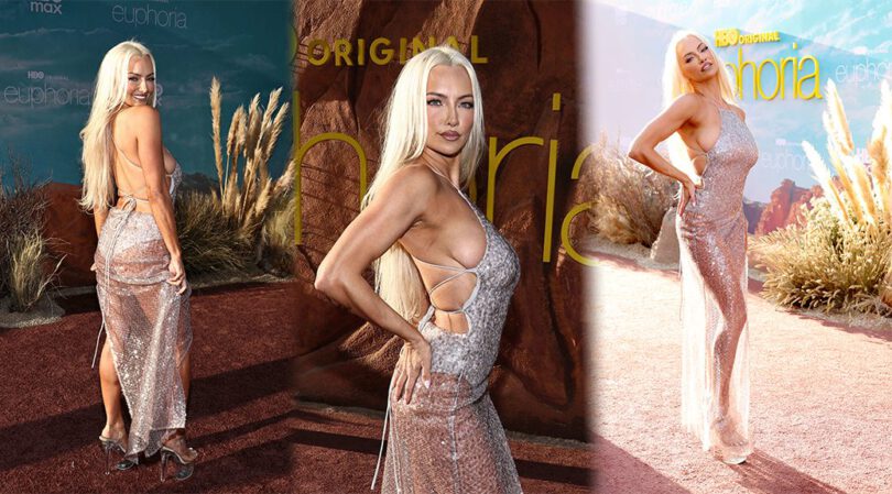 Lindsey Pelas Big Tits Explode Out of Sheer Silver Dress at Euphoria Premiere