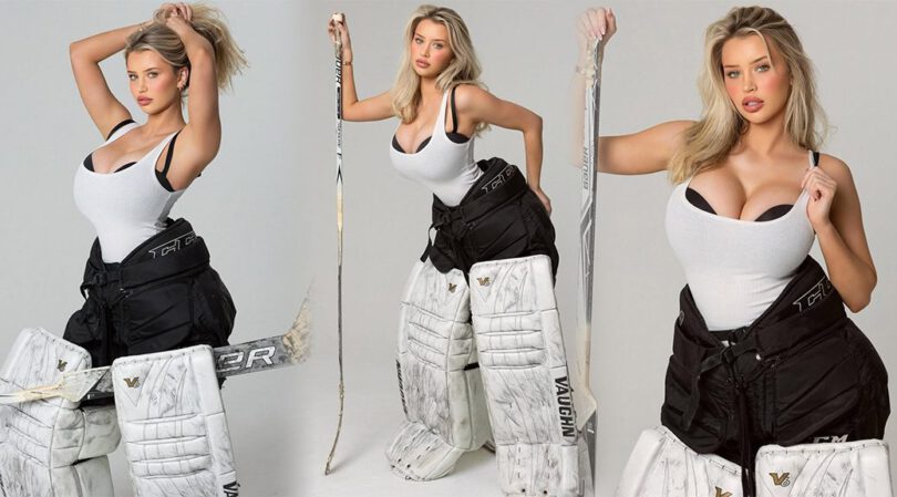 Mikayla Demaiter’s Massive Boobs Spill Out of Tiny White Tank in Steamy Hockey Goalie Photoshoot