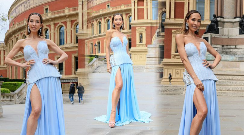 Myleene Klass Sizzles Outside Royal Albert Hall in Skintight Blue Corset Gown