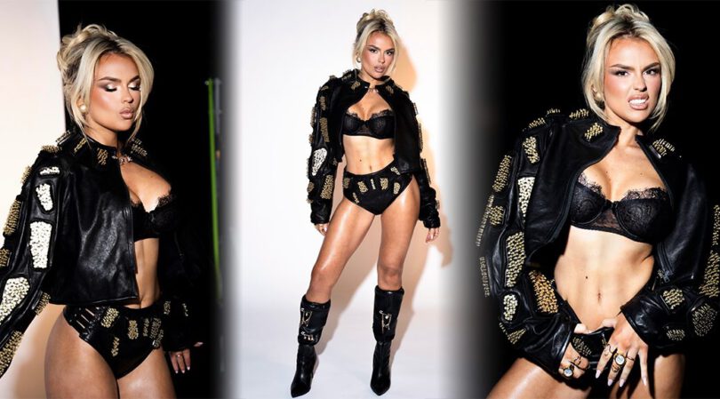 Tallia Storm Strips Down to Lace Bra and Panties in Fiery Leather Jacket for London Headline Show