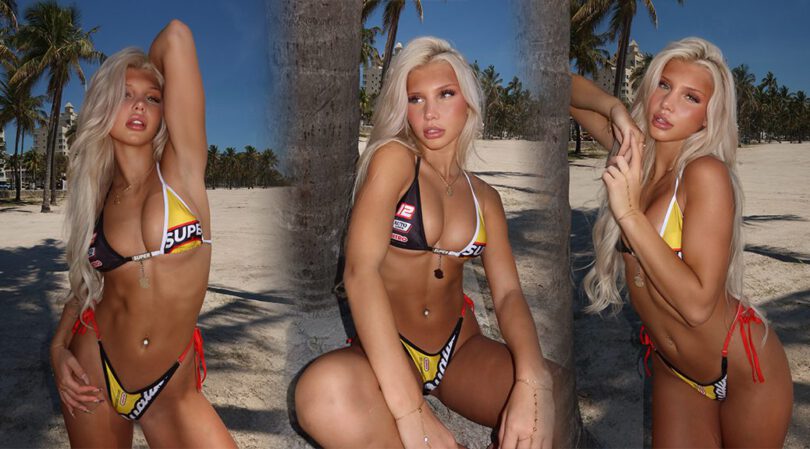 Brooklyn Riley Stuns in Bold Racing Bikini During Sunny Beach Photoshoot