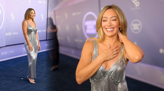 Hilary Duff Stuns in Shimmering Silver Metallic Gown at the American Music Awards