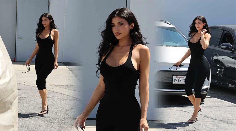 Kylie Jenner Flaunts Bursting Cleavage and Insane Curves in Skintight Black Jumpsuit Outside Hulu Studios