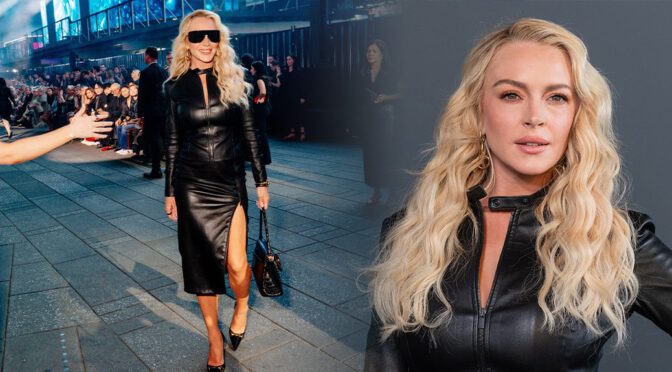 Lindsay Lohan Flaunts Killer Curves in Daring Leather Slit Skirt at Gucci Cruise 2027