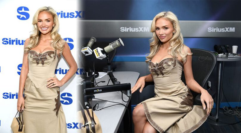 Natalie Alyn Lind Flaunts Cleavage in Skintight Beige Buckle Dress at SiriusXM