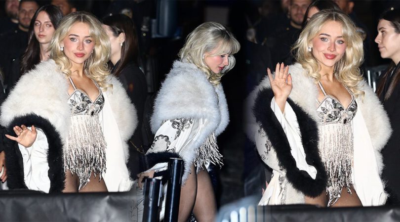Blonde Bombshell Sabrina Carpenter Flaunts Killer Curves in Tiny Sparkling Bodysuit and Fur