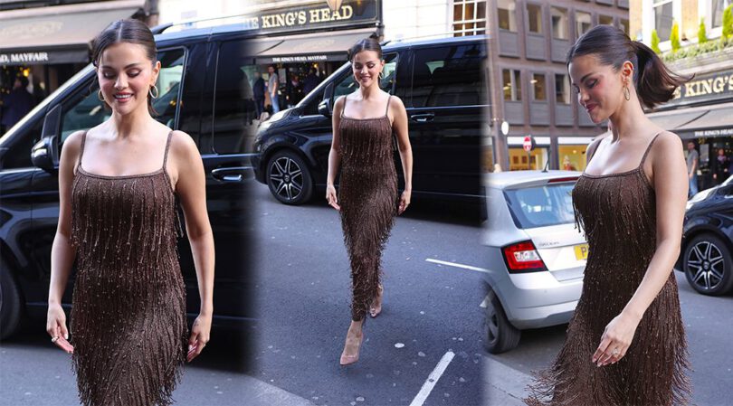 Selena Gomez Flaunts Her Tight Body in a Clinging Beaded Fringe Dress in London