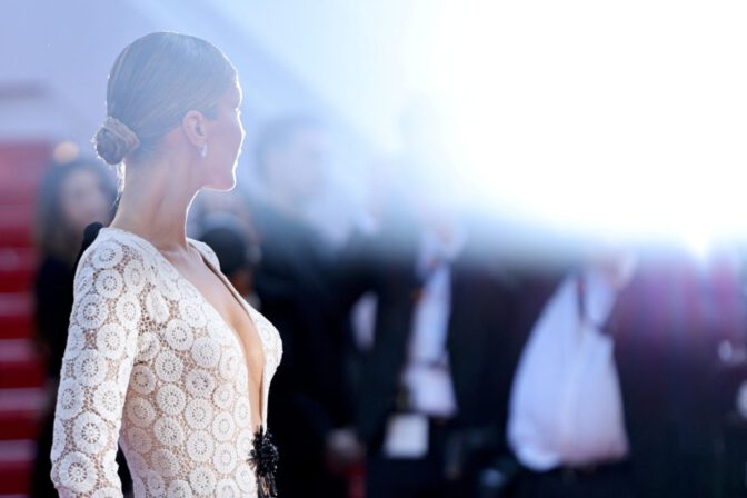 Bella Hadid Cannes Cleavage Sheer Schiaparelli Gown