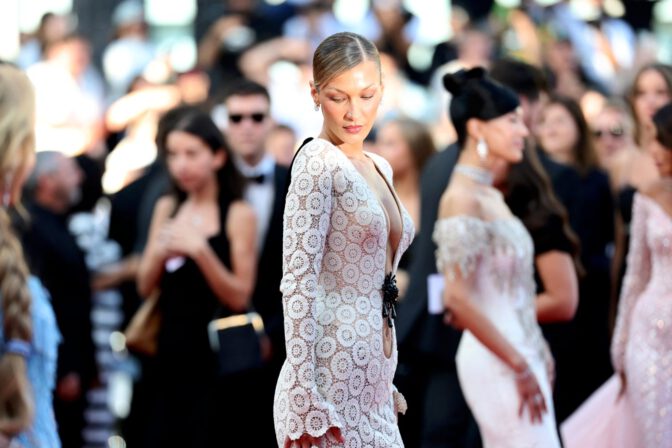 Bella Hadid Cannes Cleavage Sheer Schiaparelli Gown