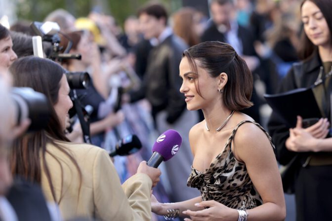 Camila Mendes Sexy Outfit Cleavage Leopard Dress