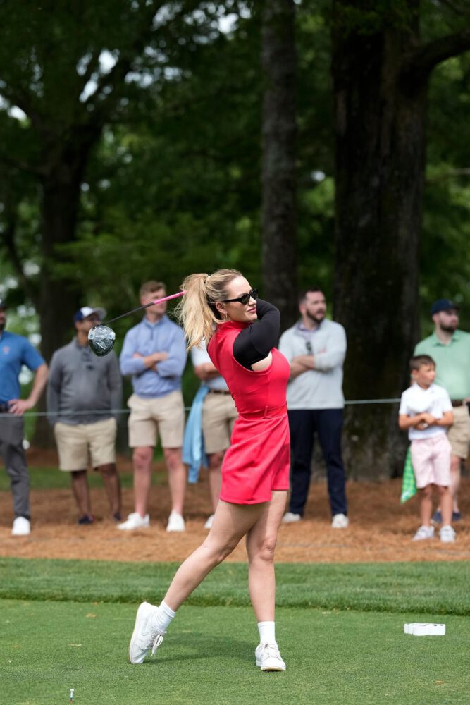 Paige Spiranac Curvy Thighs Red Dress Golf