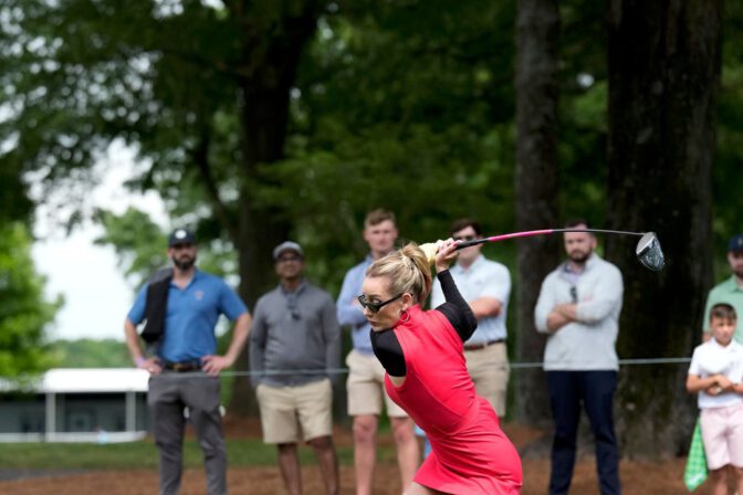 Paige Spiranac Curvy Thighs Red Dress Golf