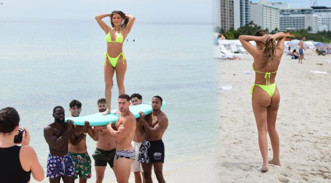 Surfing on Hunks! Iris Kendall Flaunts Explosive Body in Teeny Bikini on Miami Beach!