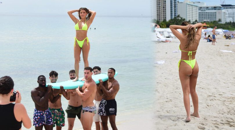 Surfing on Hunks! Iris Kendall Flaunts Explosive Body in Teeny Bikini on Miami Beach!