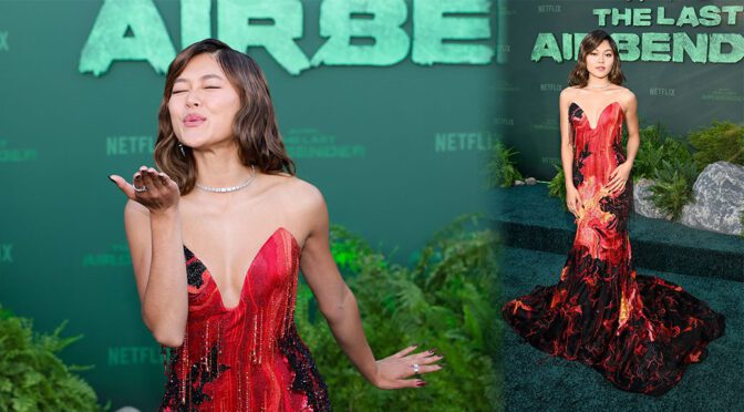 Momona Tamada Steals The Show In A Stunning Fiery Gown At The Avatar Season 2 Premiere